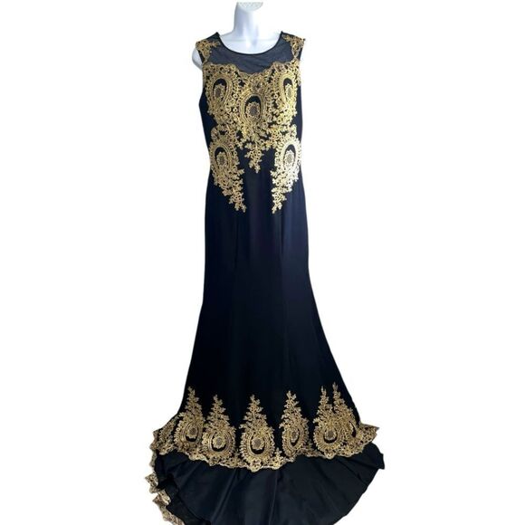 Black And Gold Mesh Embroidered Full Train Gown Evening Dress Size M - Picture 1 of 10